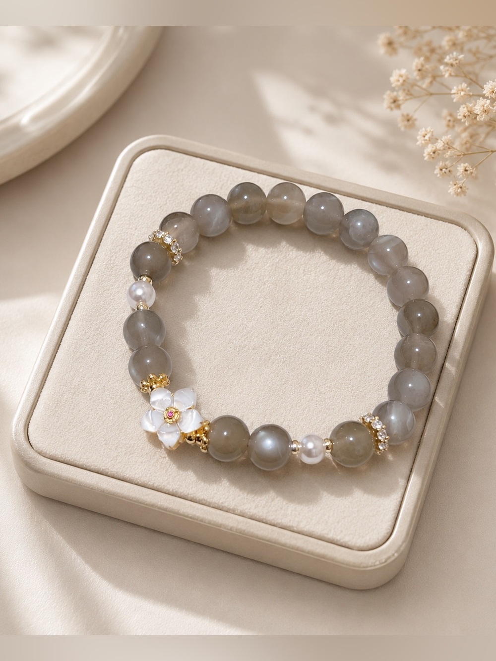 Handmade Natural Black Moonstone Bracelet Real Mother of Pearl Sakura Flower